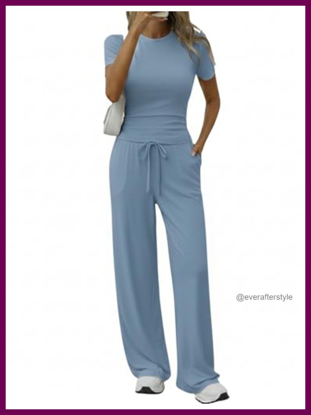 Womens 2 Piece Lounge Set Slim Top Wide Leg Pants with Pockets